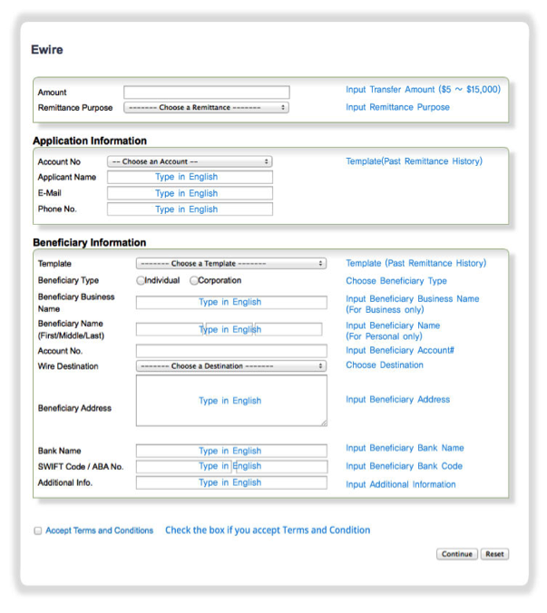 Sample of Online Remittance Service Screen